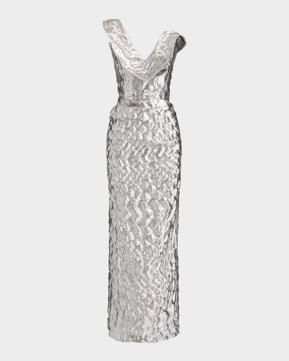 Requiem Strapless Ruffle Metallic Midi Dress